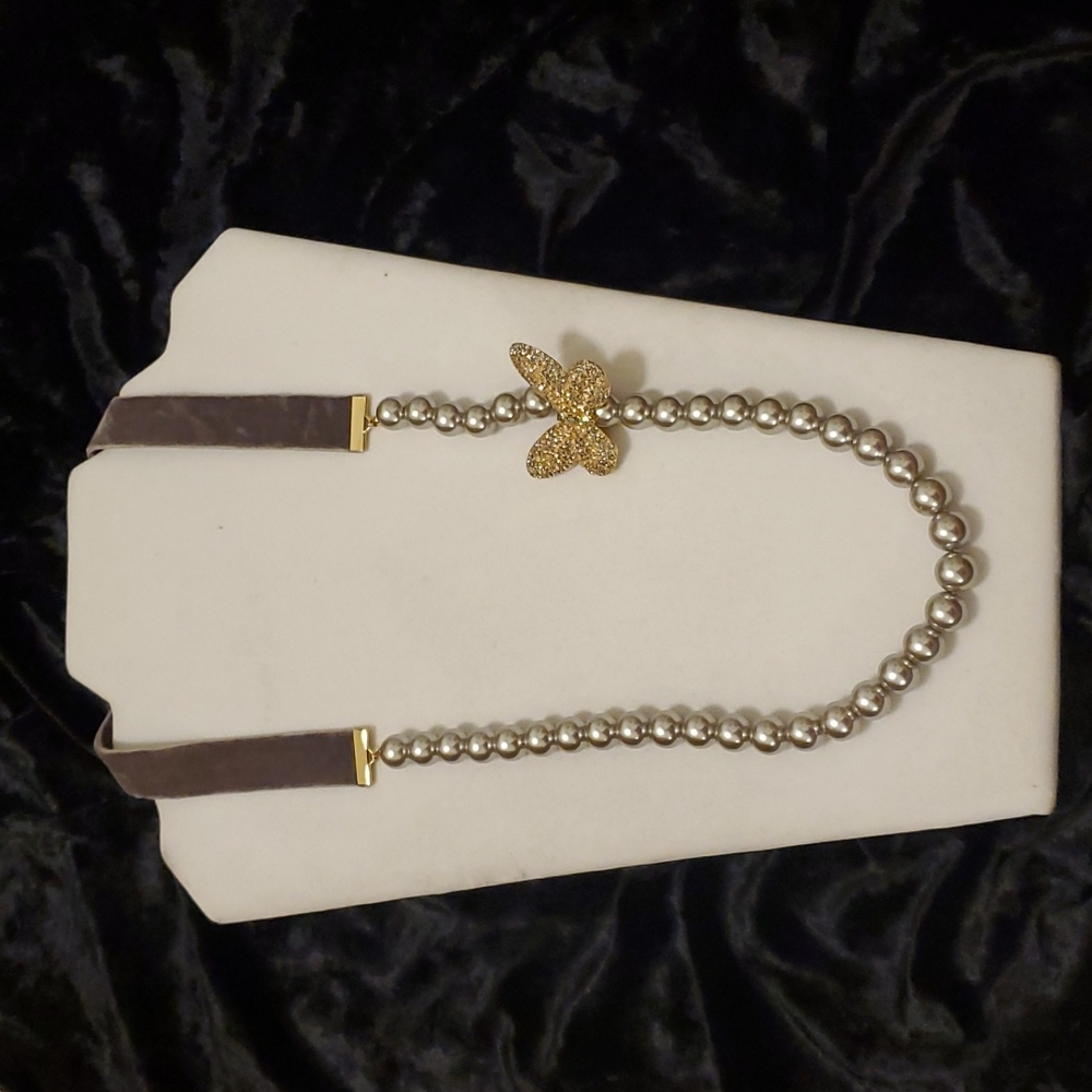 Ann Taylor Gray Velvet Pearl Butterfly Necklace